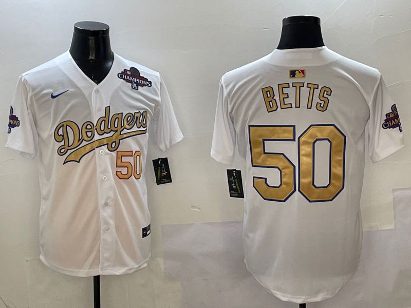 Men Los Angeles Dodgers #50 Betts White Champion gold character 2025 Nike MLB Jersey style 2